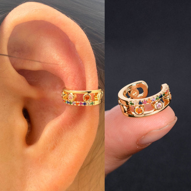 1Pc Hollow Geometry Rainbow CZ Cuff Wrap Clip On Earrings Women Girls Climber Ear Cartilage Bone Clips Fake Earring Non Piercing